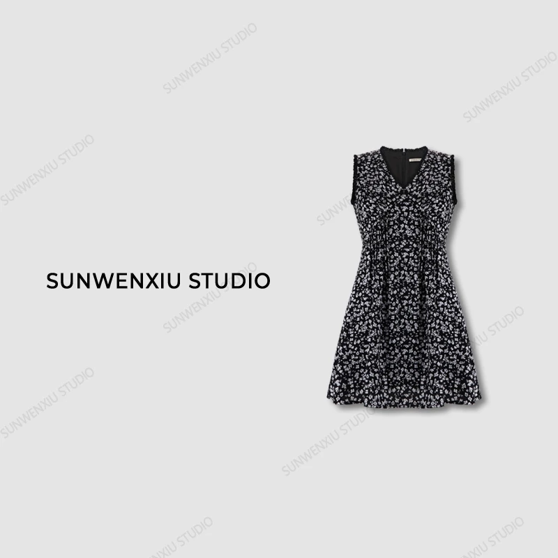 swx studio2店 “趣味叠穿”无袖v领黑白碎花蕾丝短款连衣裙
