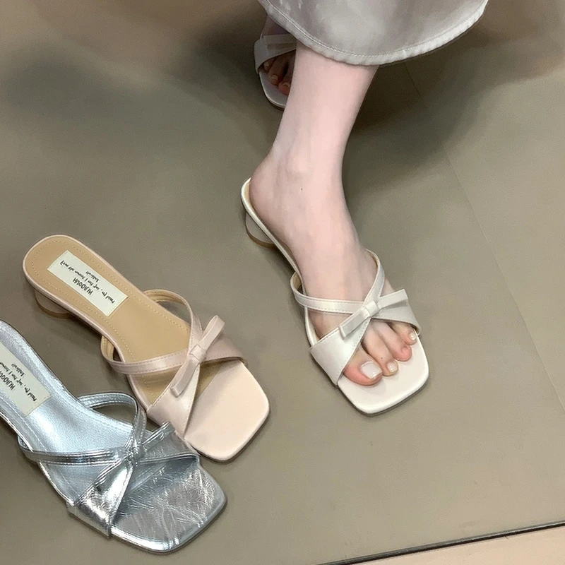 法式蝴蝶结拖鞋气质不累脚方头一字拖晚风夏季通勤鞋