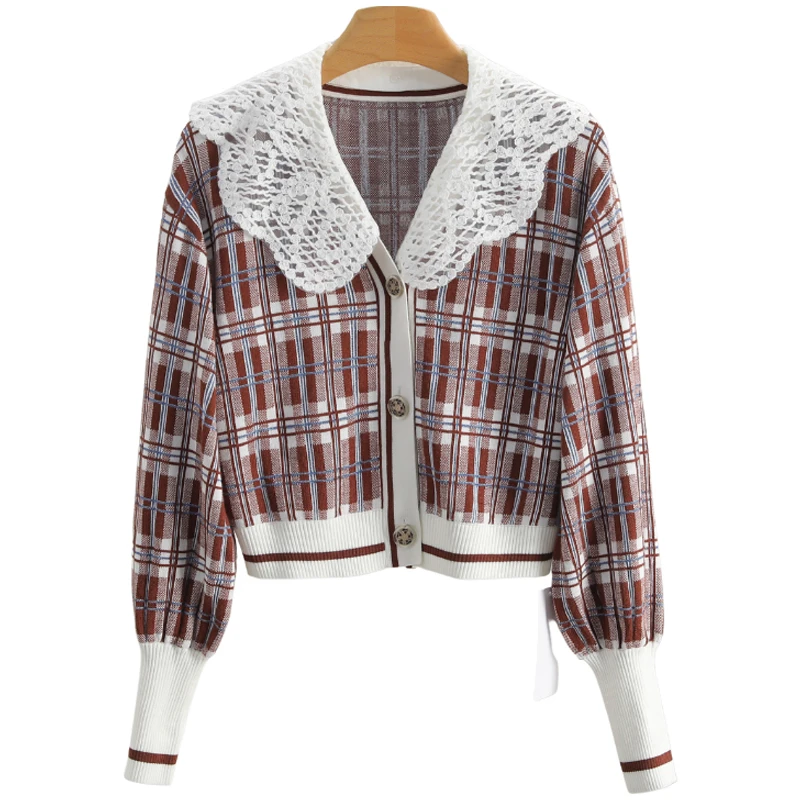 F136-【尼】格纹可拆衣领短款针织开衫#BKK55U006