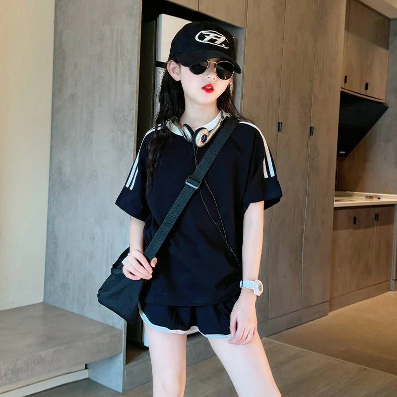 女童薄款夏季2025新款中大童女孩套头纯棉T拼色洋气短袖儿童夏装