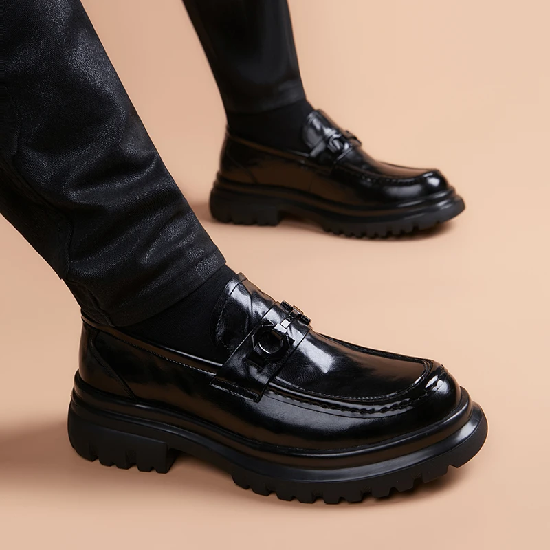 男士休闲一脚蹬皮鞋男款真皮豆豆鞋英伦风商务正装内增高厚底男鞋