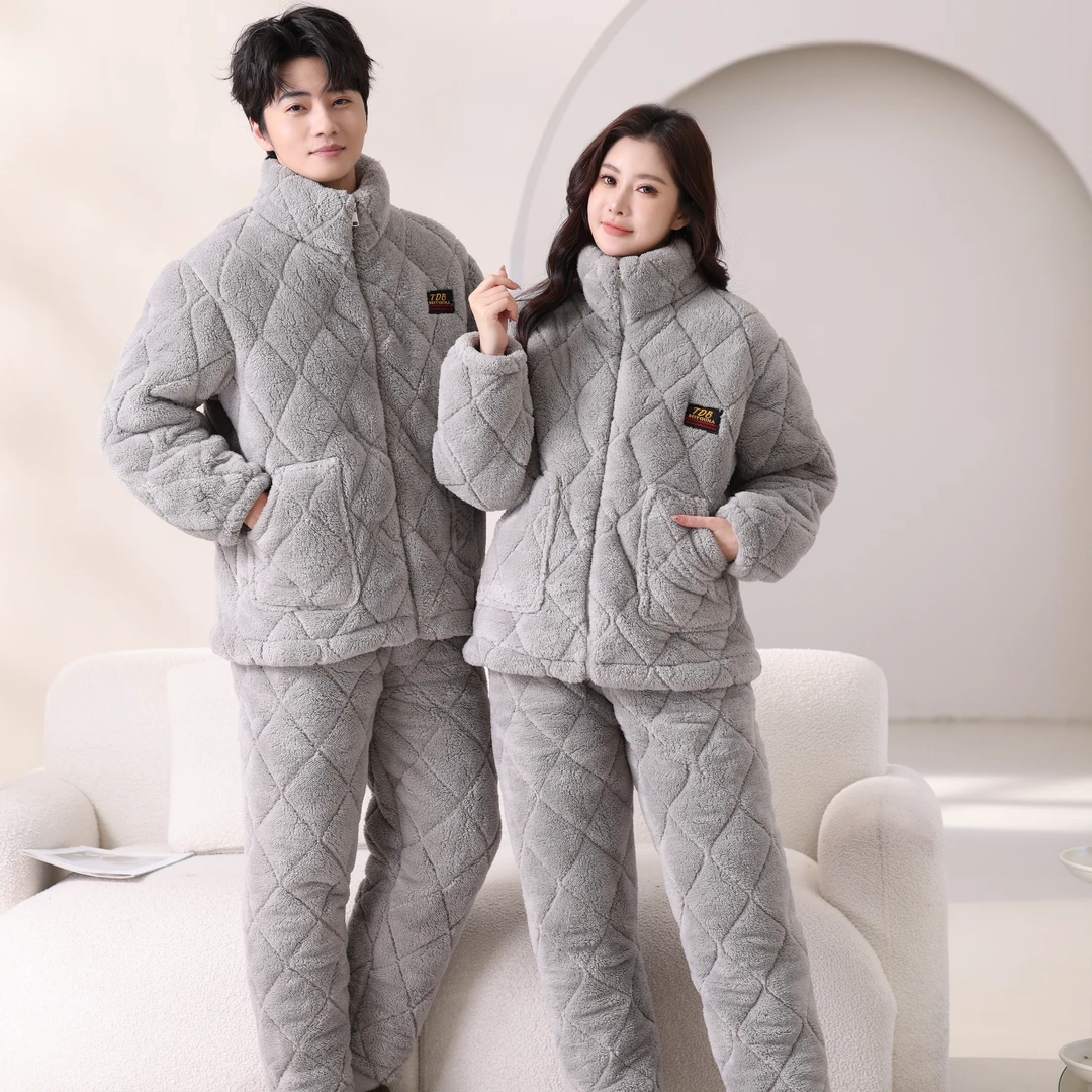 冬季情侣三层加厚加绒夹棉超厚家居服珊瑚绒棉袄百搭保暖外穿套装