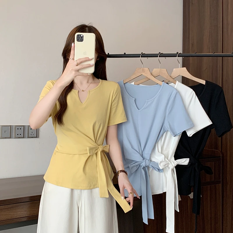 2025夏装新款胖mm大码女休闲气质小v领蝴蝶结绑带短袖T恤35329