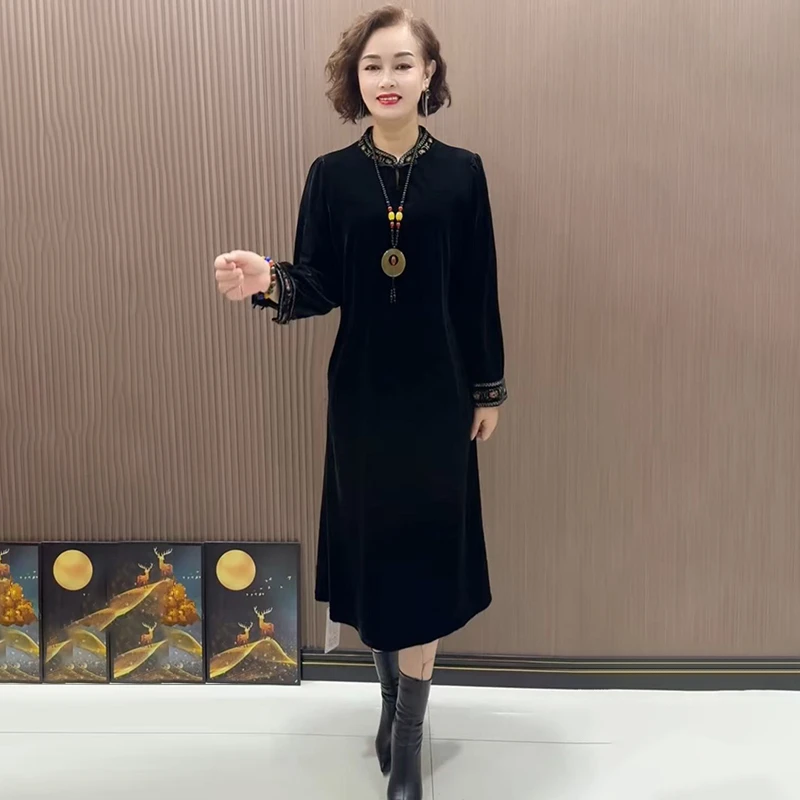 1920旗袍显瘦丝绒高贵长裙女大码秋冬打底气质宽松连衣裙新款妈妈