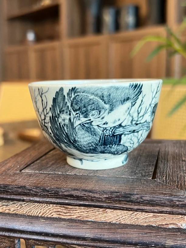 建水青花/文林手绘釉下彩主人杯百鸟图