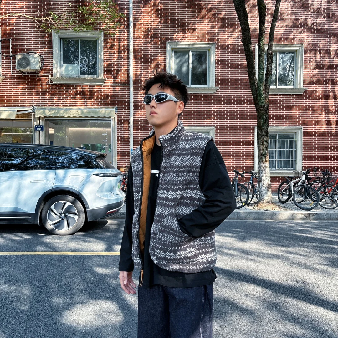 NEVER EMPTY2025新款费尔岛提花摇粒绒双面穿棉马甲男女款休闲