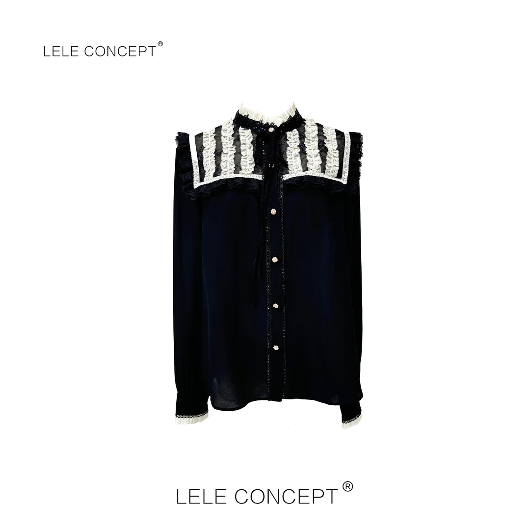 LELE CONCEPT丨中领黑白蕾丝边系扣上衣S0851