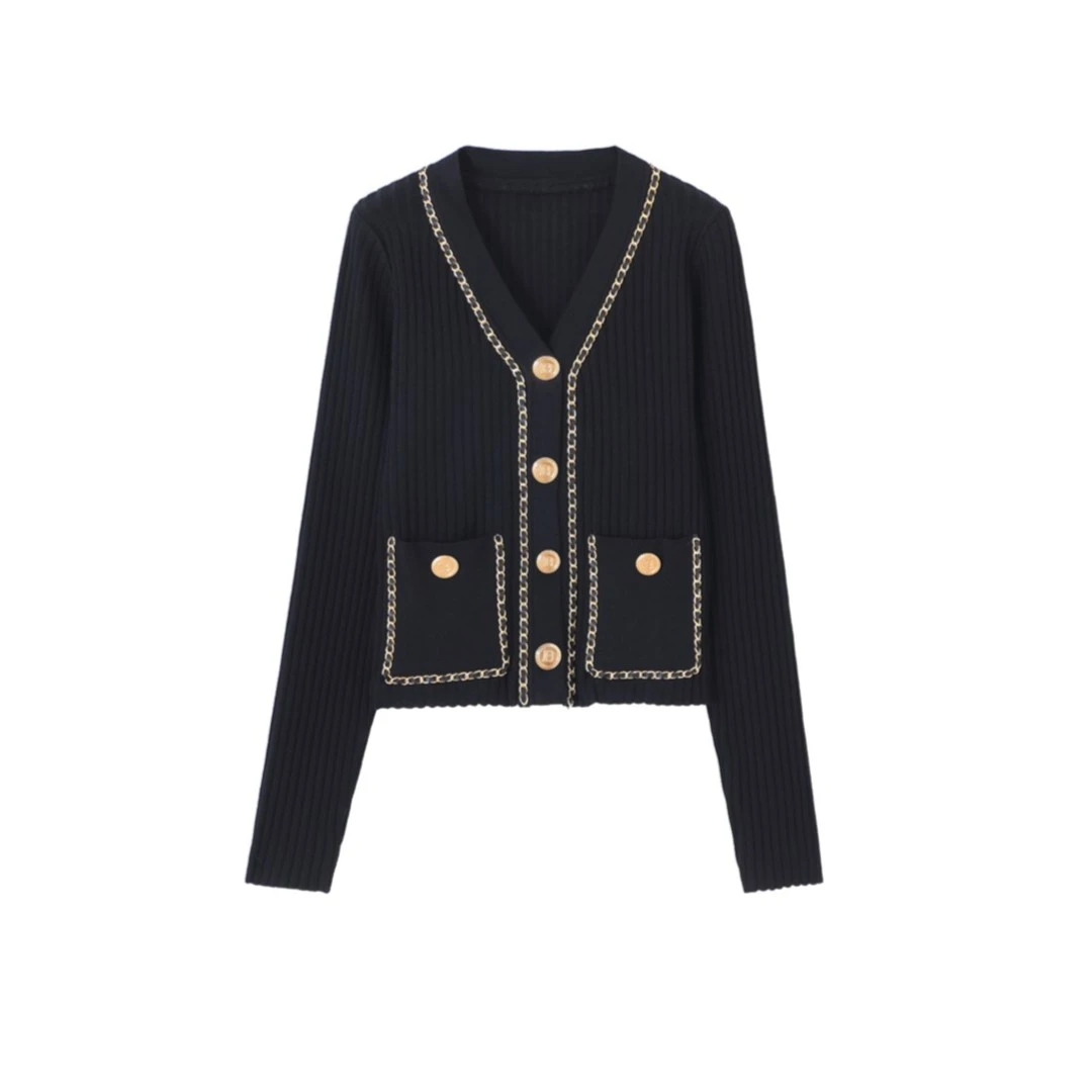 春夏V领重工时尚气质黑色链条修身长袖针织开衫外套-5656