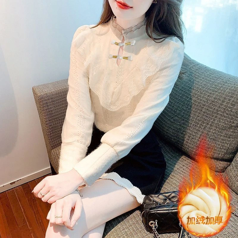 加绒加厚秋冬新款衬衫女盘扣立领长袖打底衫气质百搭显瘦保暖上衣