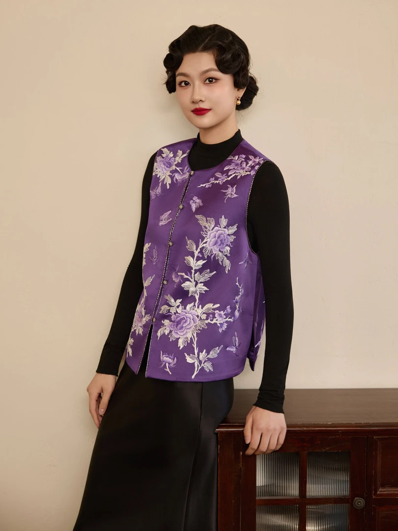 古韵娇古苏绣新中式对襟刺绣马甲洛川女高贵紫色四季桑蚕丝坎肩