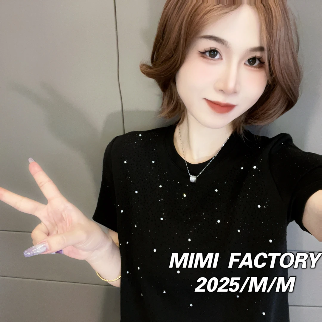 芈芈 2025新款短袖 满天星烫钻短袖T恤女修身显瘦时尚上衣2511#