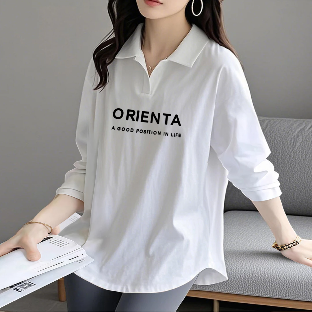 白色POLO衫女长袖秋季休闲时尚宽松显瘦洋气内搭打底翻领T恤上衣