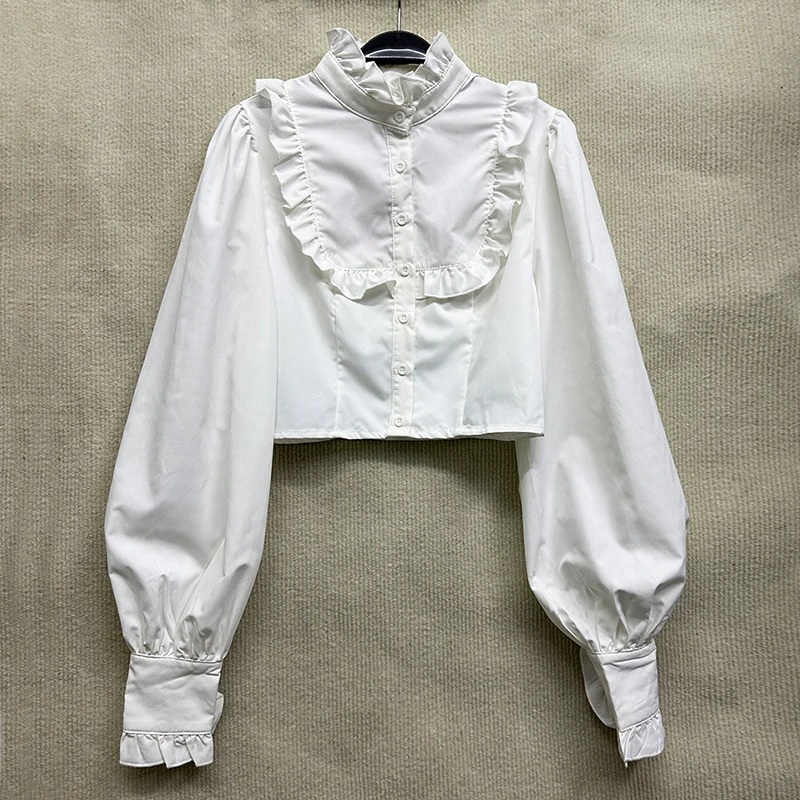 新款女装短款气质长袖立领木耳边显瘦百搭修身单排扣上衣衬衫