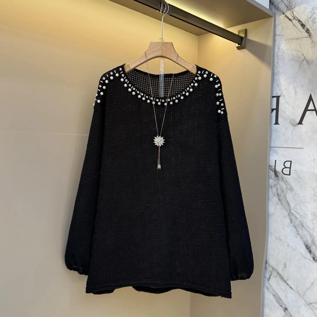 2025秋季新款韩系重工钉珠设计轻奢设计师百搭灯笼袖宽松上衣6202