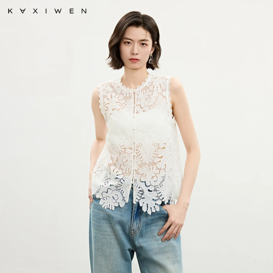 佧茜文无袖树叶绣花马甲【夏新】优雅蕾丝钩花白色上衣女D04BMW6103