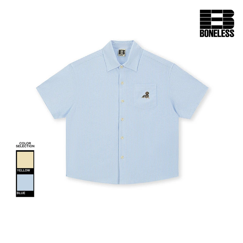 BONELESS小狗刺绣标条纹短袖衬衫宽松夏季撞色百搭趣味衬衣男女