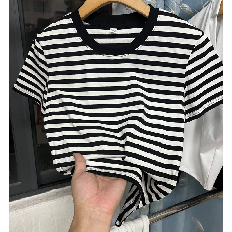黑白条纹短袖棉T恤女高弹力显瘦优雅透气亲肤休闲上衣
