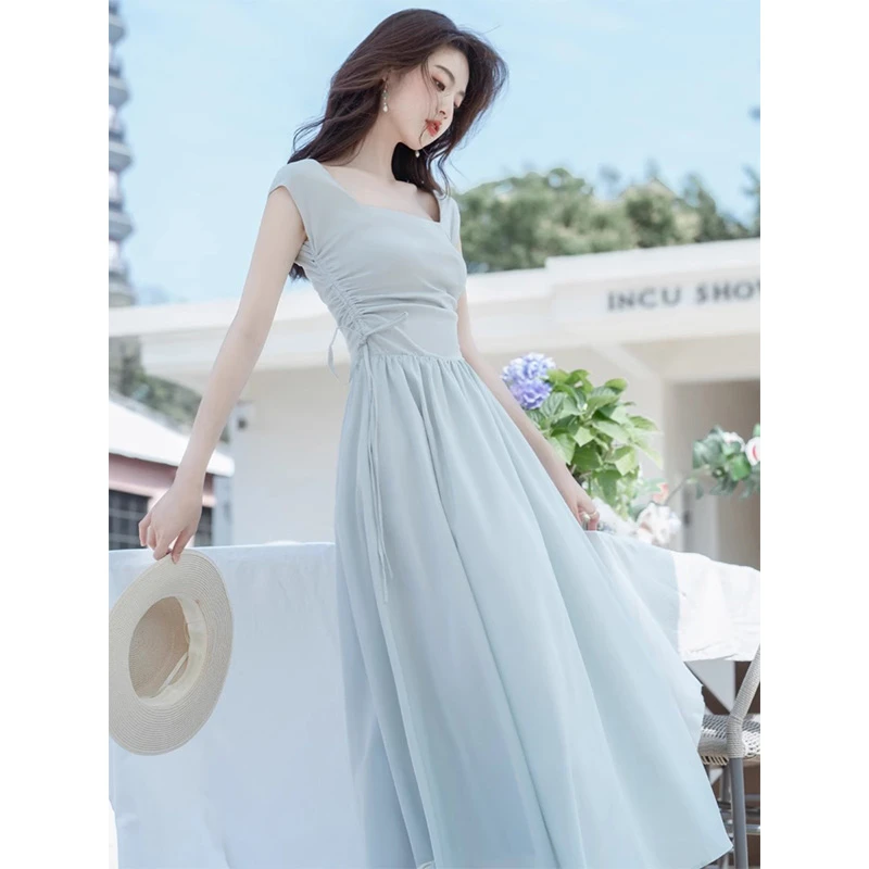 蓝色无袖背心连衣裙女夏季2025新款法式海边度假小个子仙女长裙子