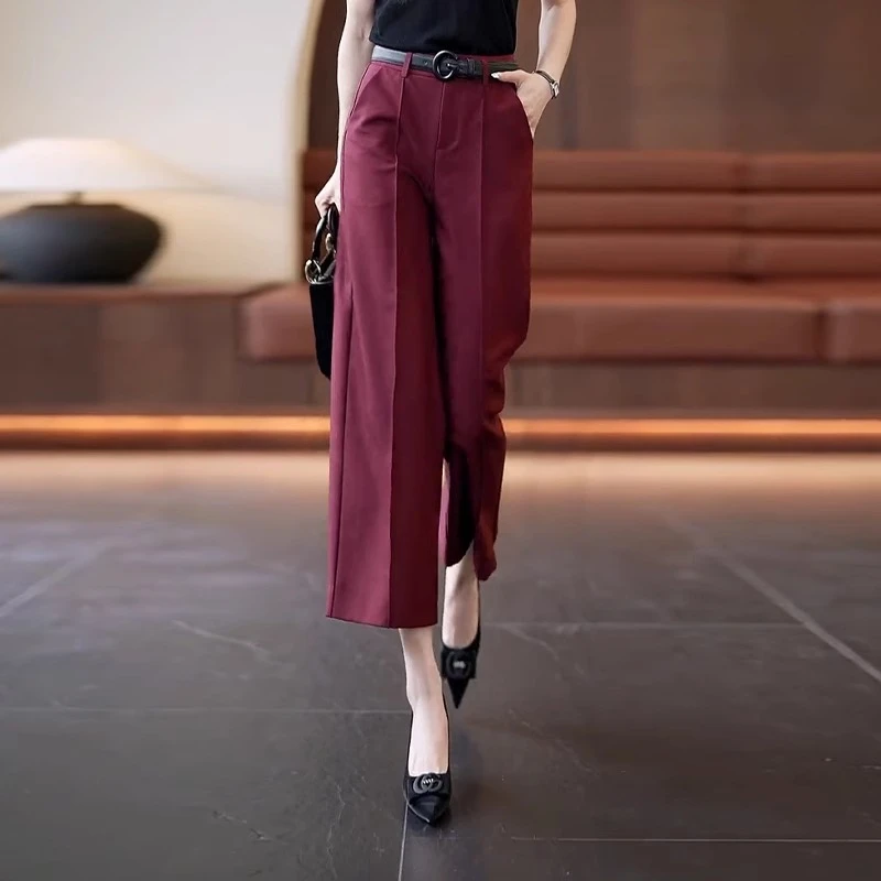 艾格酒红宽松阔腿裤女2025新款夏季薄款裤子夏天高腰西装八分裤女