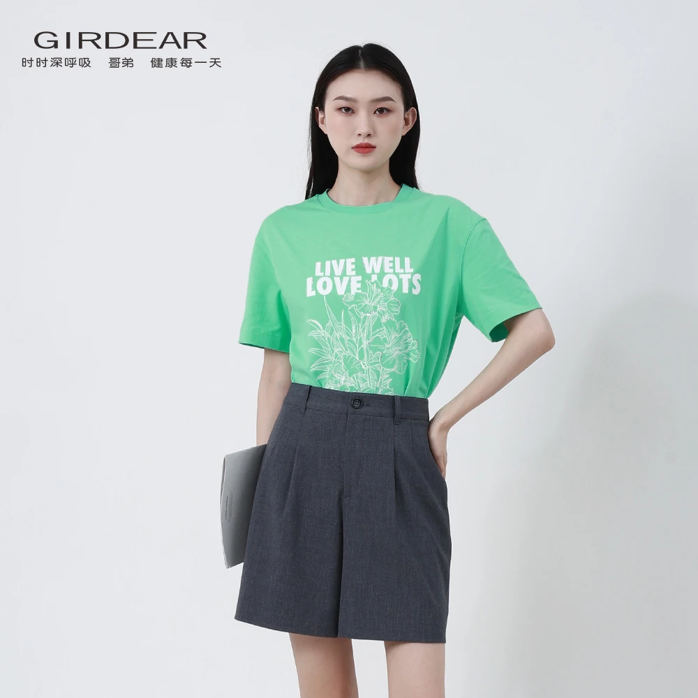 哥弟2025夏新款女装白色植物涂鸦印花字母线条纯棉短袖T恤130091