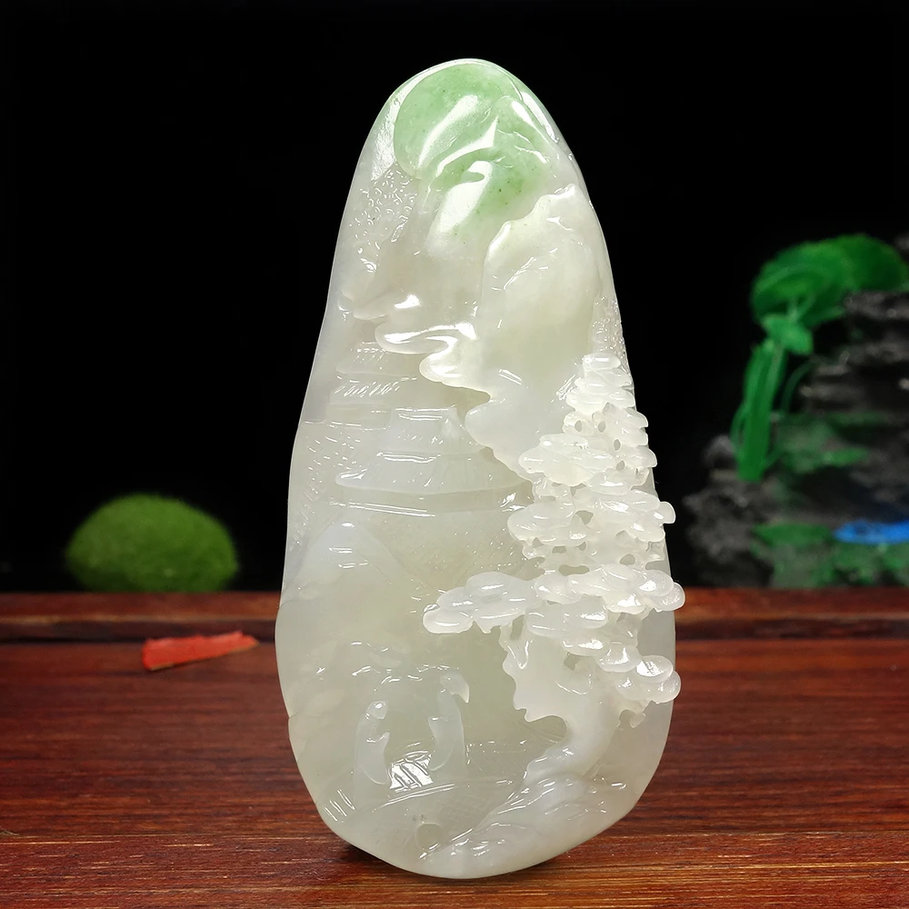 精品和田玉翠白俏色俏雕山水《怡情山居》挂件93