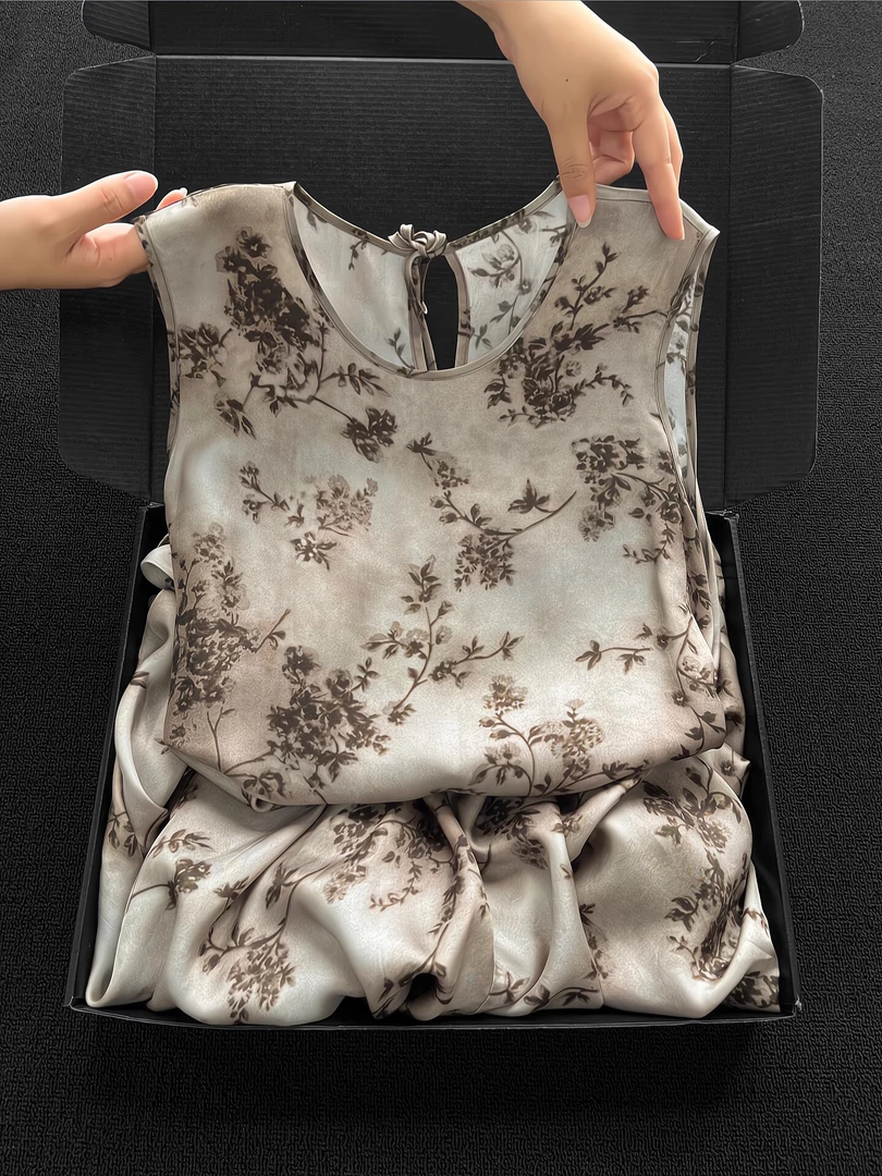 新中式国风碎花无袖吊带连衣裙夏季新款清冷贵气感绝美咖色长裙子