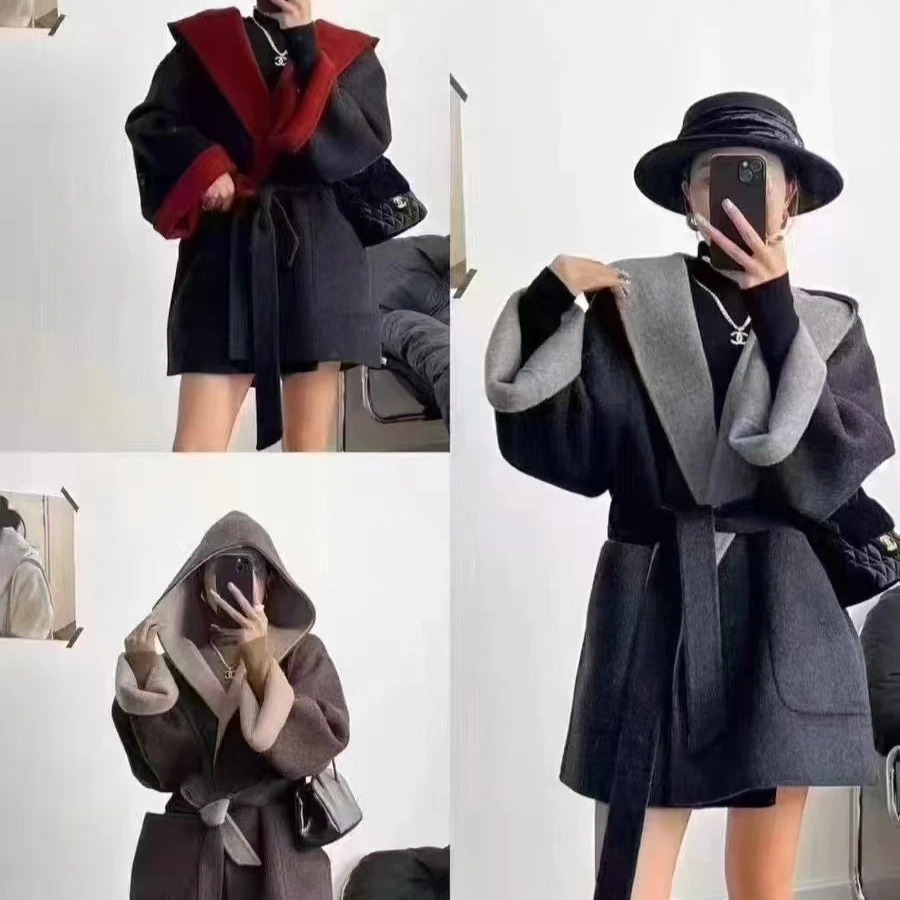 简礼高端连帽浴袍款双面羊毛大衣女中长款冬季韩系AB面撞色羊毛外