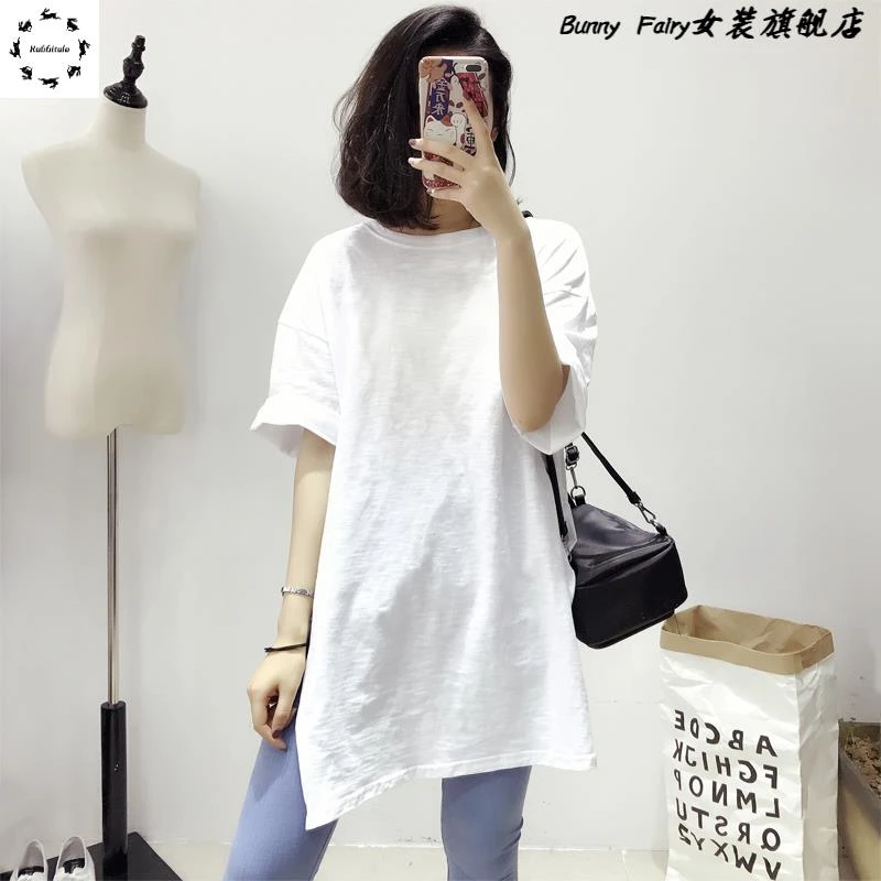 欧货五分袖宽松竹节棉白色t恤女2025年夏季新款短袖中长款ins上衣