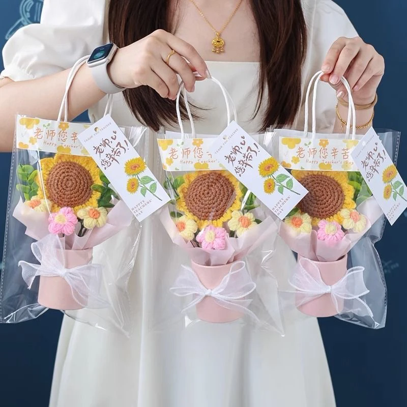 仿真花向日葵毛线花小圆桶手工编织成品花束教师节感谢师恩送老师