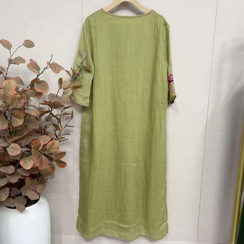 复古珠扣苎麻刺绣双层连衣裙女文艺大码气质显瘦国风长裙