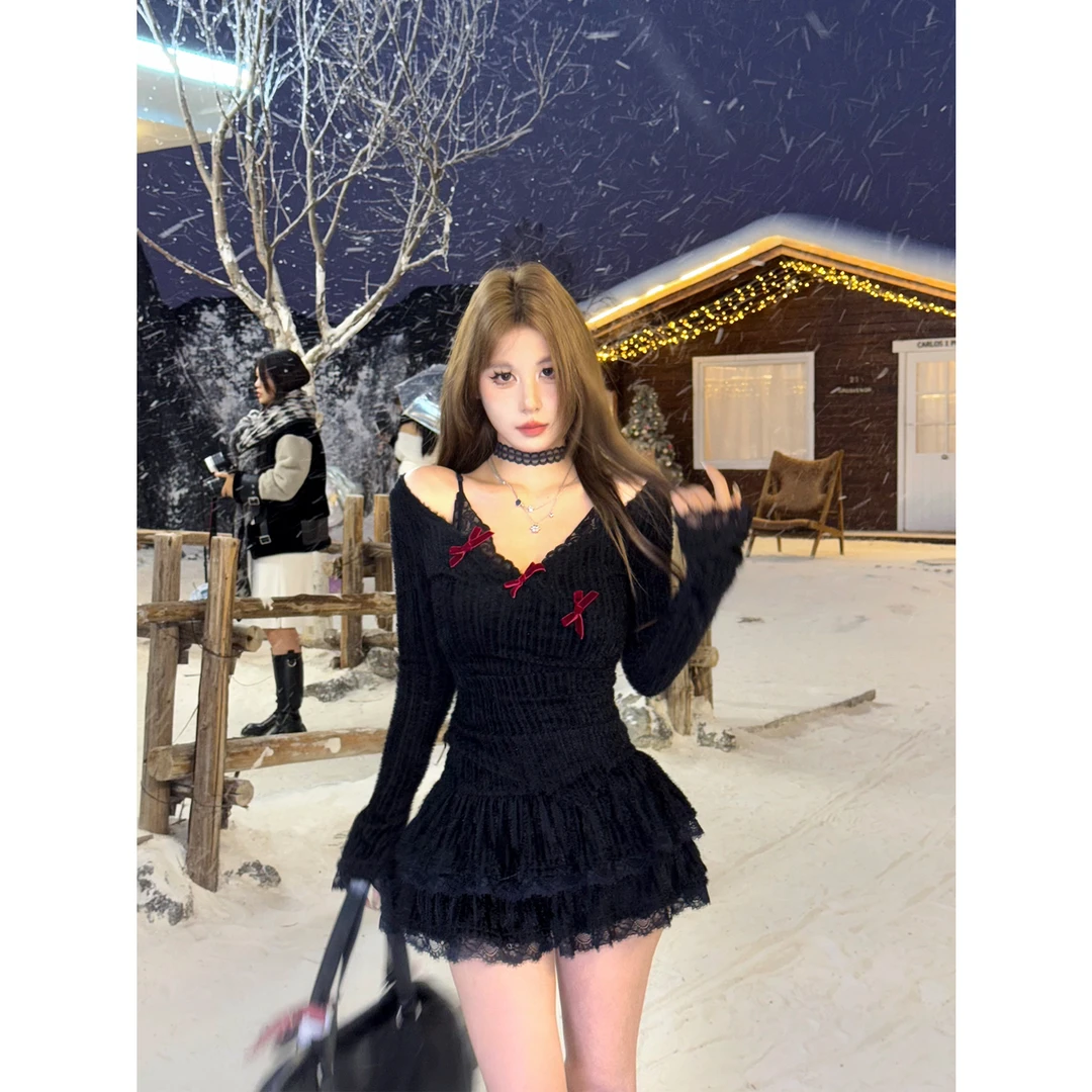 Mejiu蜜九【纤星夜语】甜辣纯欲蝴蝶结长袖内搭性格蕾丝设计感收腰