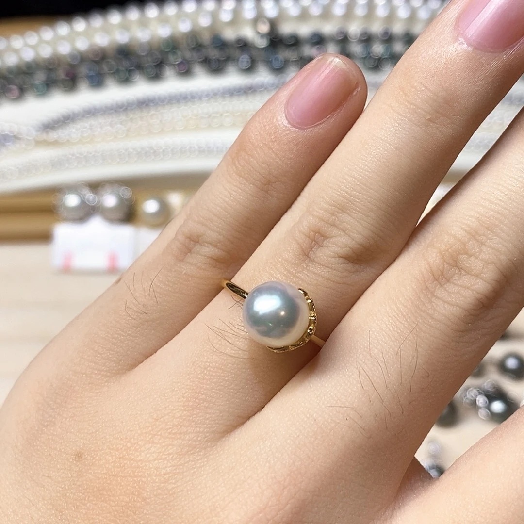 银S925镶嵌戒指海水珍珠8-9极光澳白