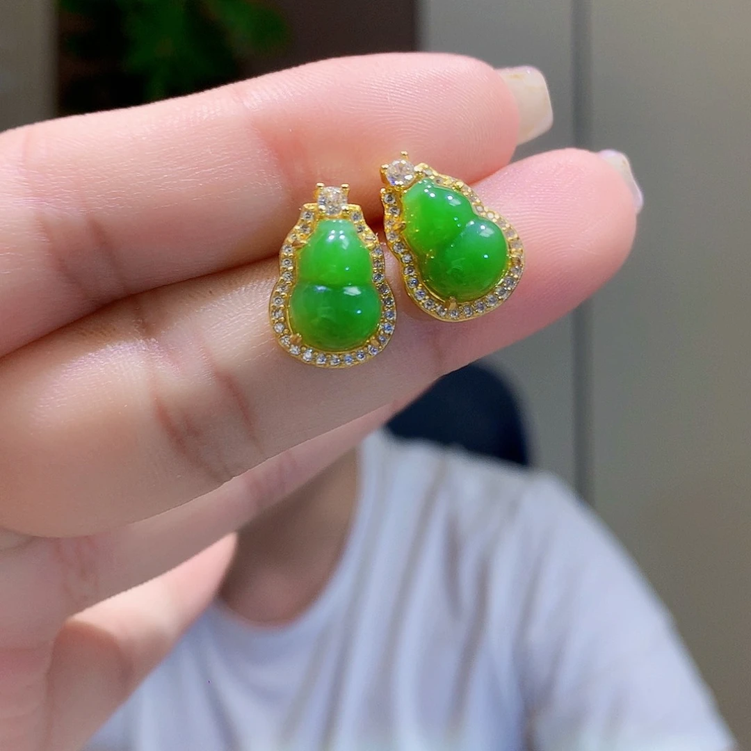 和田玉（碧玉）银S925镀金镶嵌耳饰