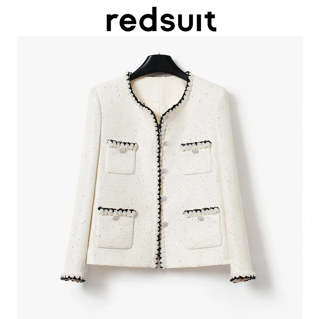 redsuit 精致名媛风撞色花边设计四口袋小香风外套吸睛气质上衣