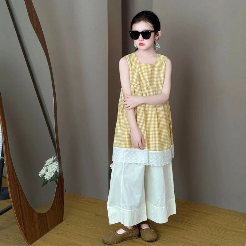 女童2025夏季新款套装洋气格子娃娃儿童阔腿裤两件套CSC2339