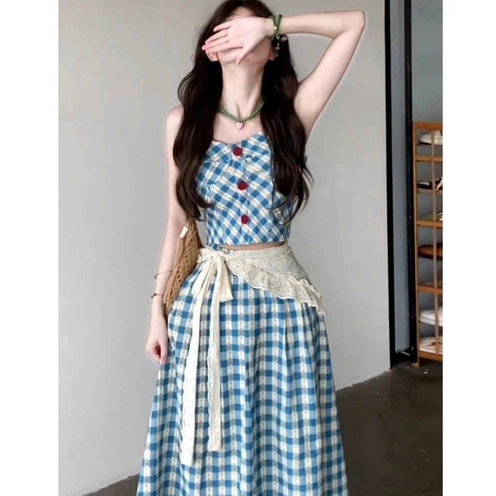 2025新款小个子学院风蓝色格纹吊带连衣裙子女夏搭配半身裙两件套