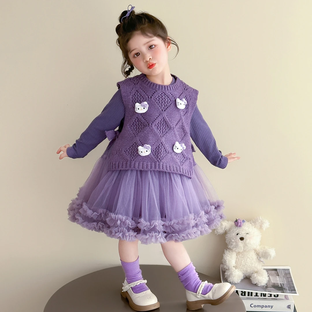 女童连衣裙春秋2025新款儿童针织马甲纱裙套装小女孩秋装毛衣裙子