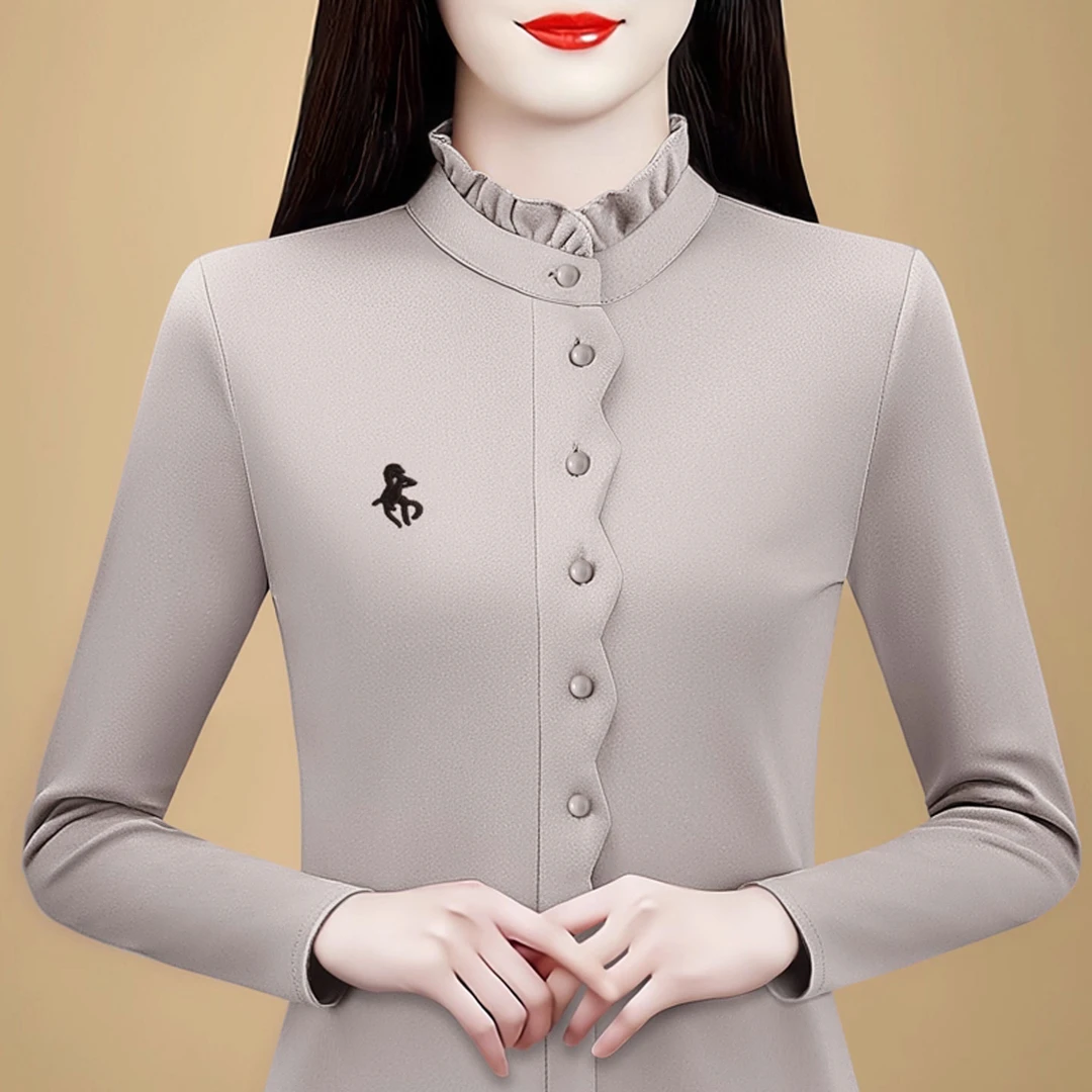 半高领打底衫女秋冬洋气时尚妈妈小衫木耳边刺绣保暖德绒长袖上衣