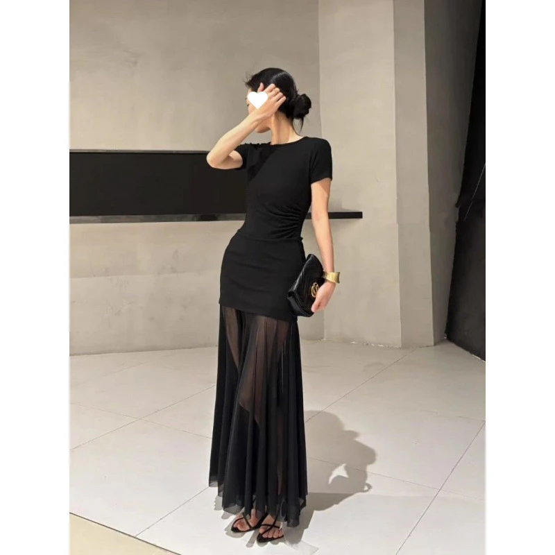 显瘦收腰2025春夏新款气质摩登短袖网纱拼接褶皱收腰显