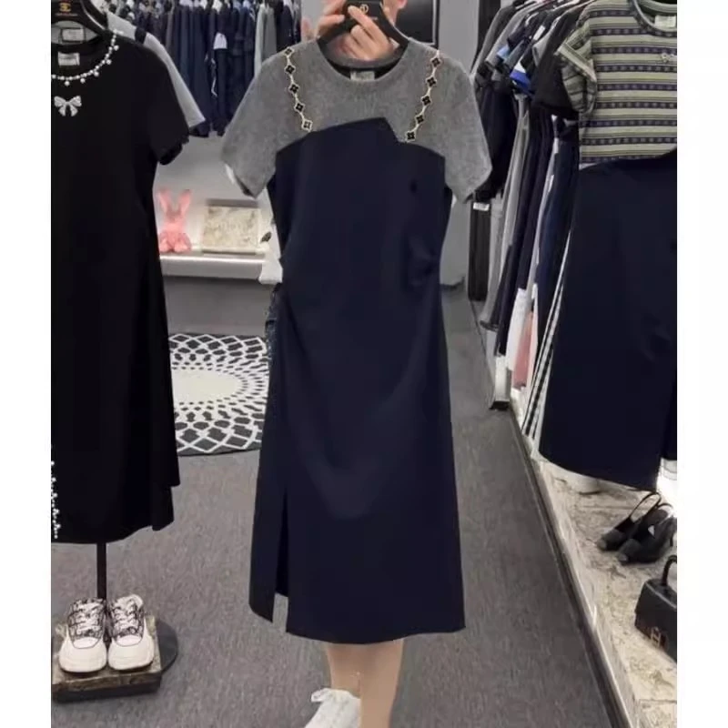 欧货拼接假两件T恤连衣裙女大码胖MM爆款宽松设计开叉中长裙欧若