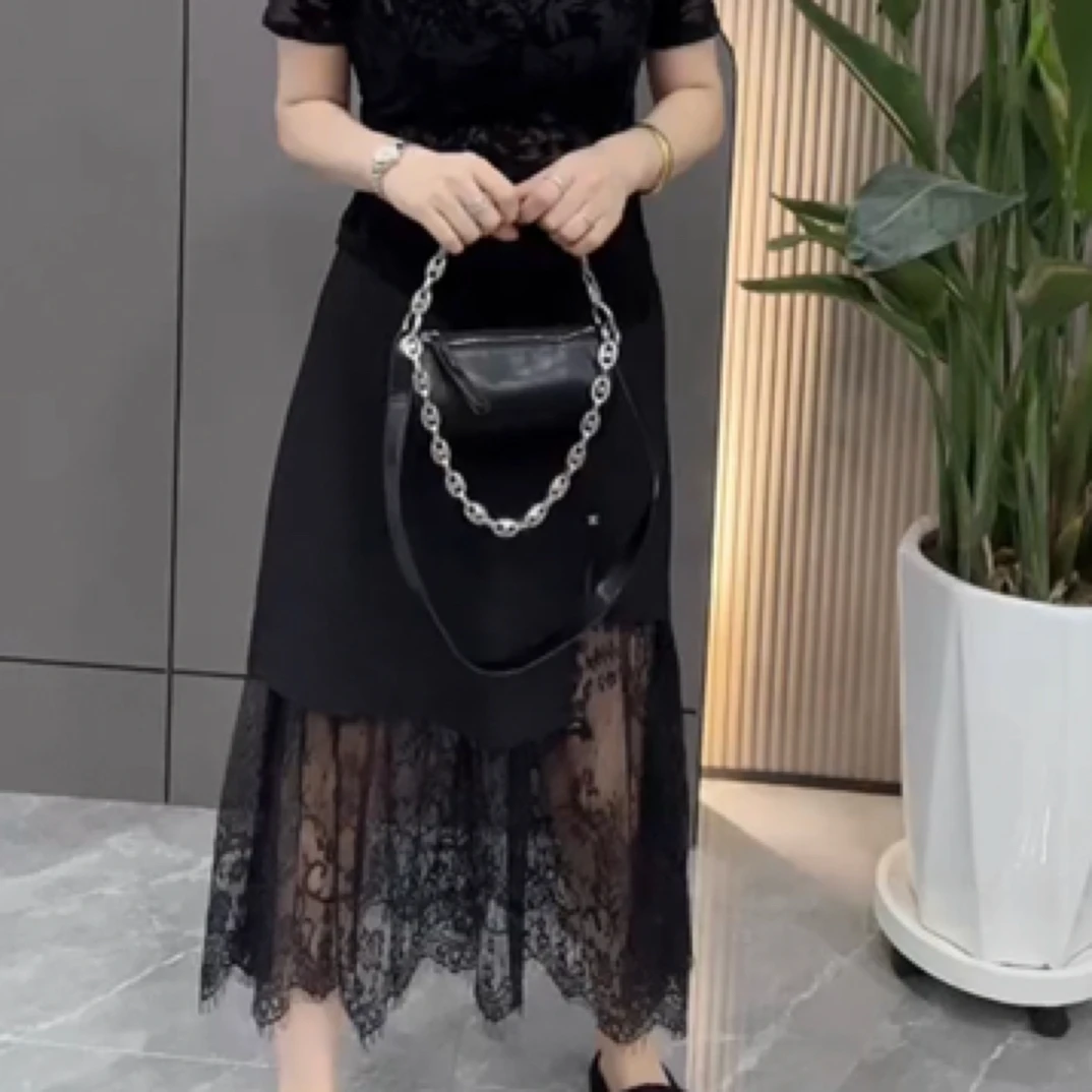 欧货新款拼接蕾丝长款半身裙5871