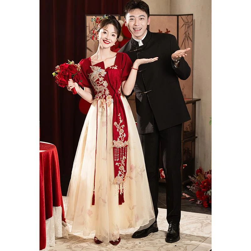 敬酒服新娘高级感红色订婚礼服连衣裙女法式结婚回门便装显瘦长款