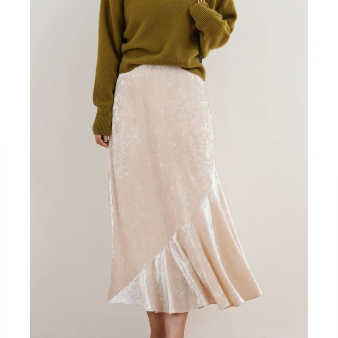 60026【设计款订单】 梨型身材定制 秋季杏色丝绒不规则气质半身裙