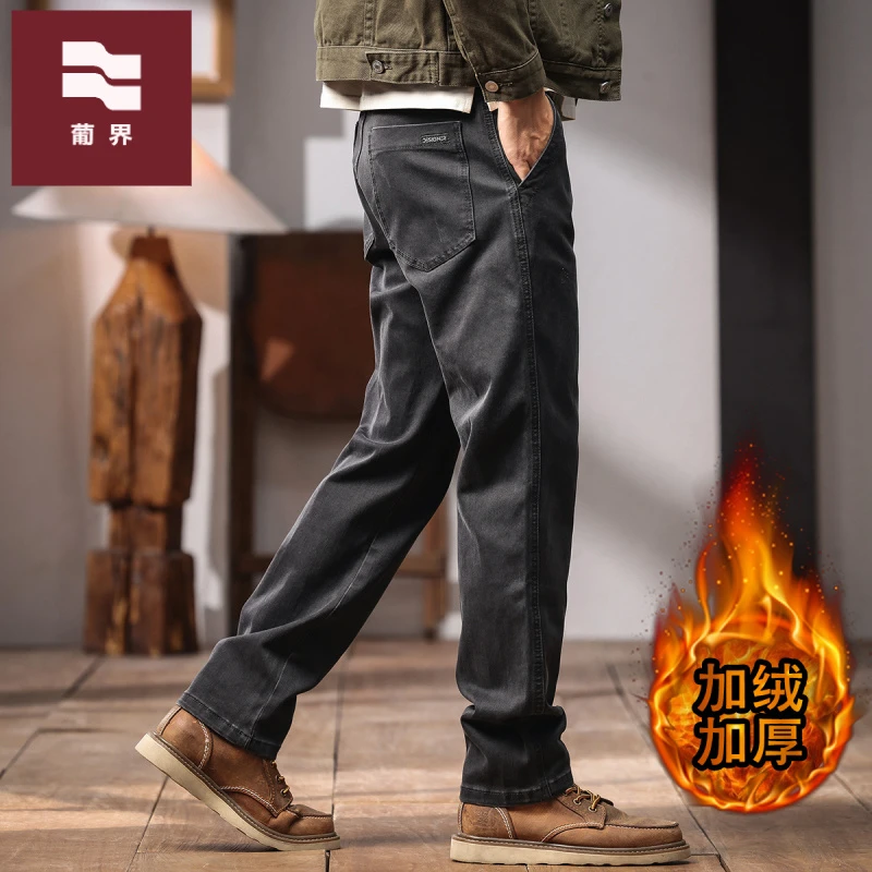 美式复古工装裤子男秋冬加绒潮牌宽松直筒百搭灰色休闲锥形裤男