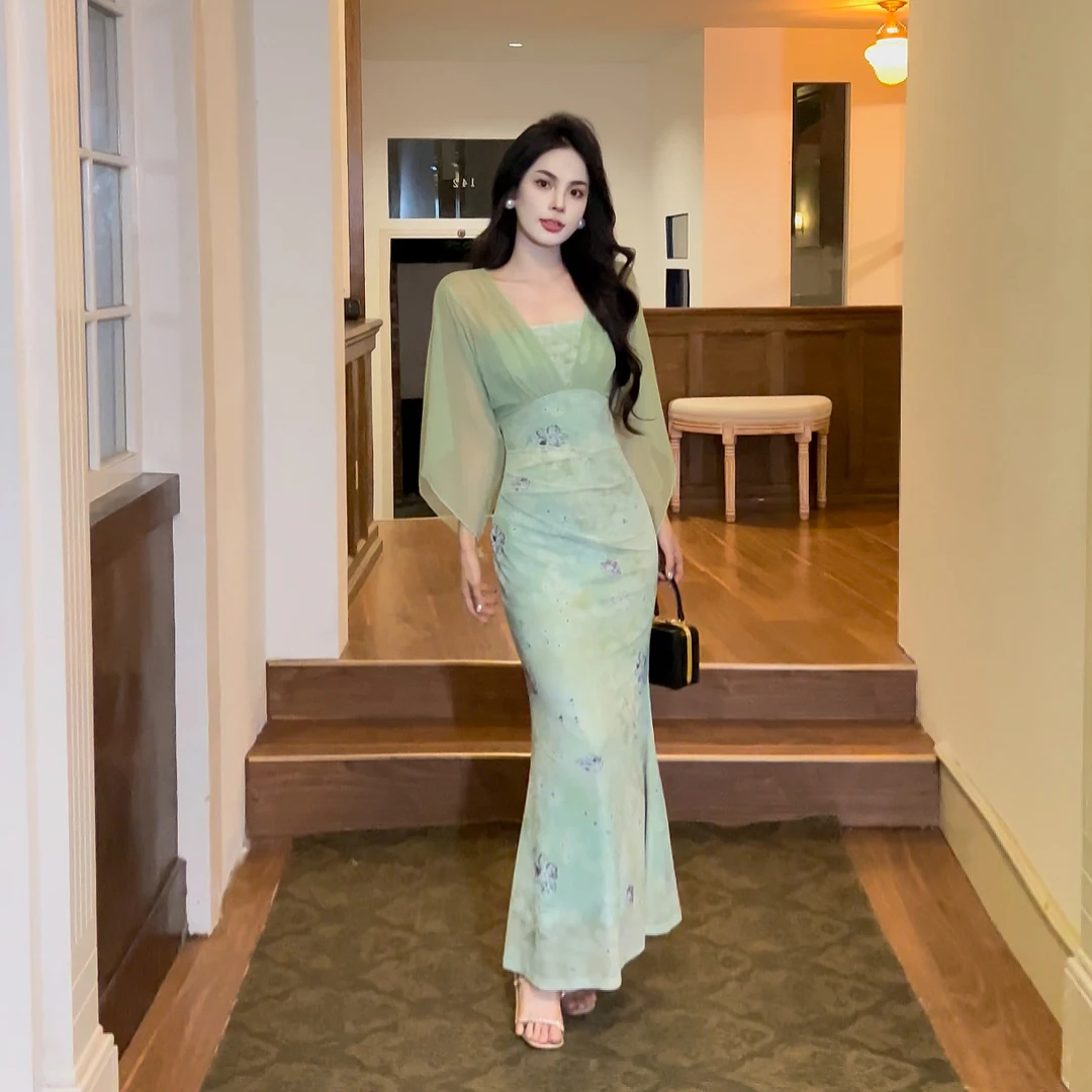 新款夏季网纱印花连衣裙气质百搭小众设计款