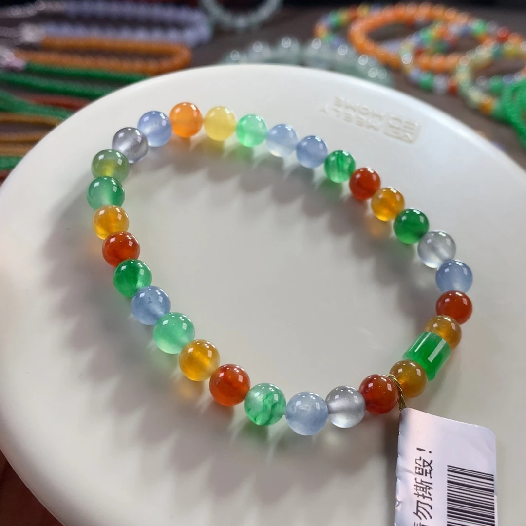 翡翠未镶嵌手链毕业款冰浓艳彩多宝单圈卡5.87~6.5