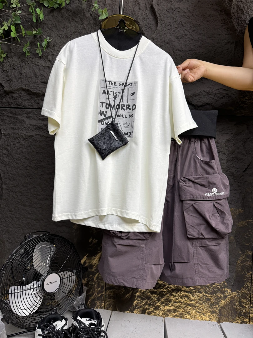 SMALL TIMES2025-港风褶皱拼接英文印花上衣 99391/裤31003