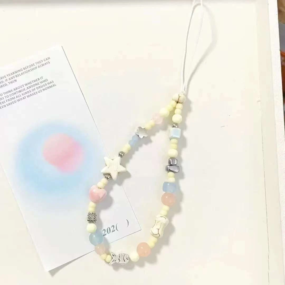 小红书同款设计夏日清新蓝色奶油串珠手机链ccd相机挂件手提