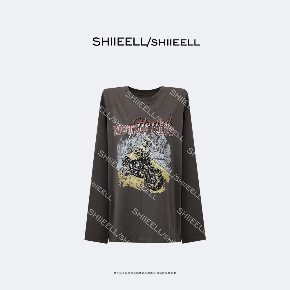 SHIIEELL【摩托车日记】美式复古时尚棉质洗水机车印花圆领T恤Z8127