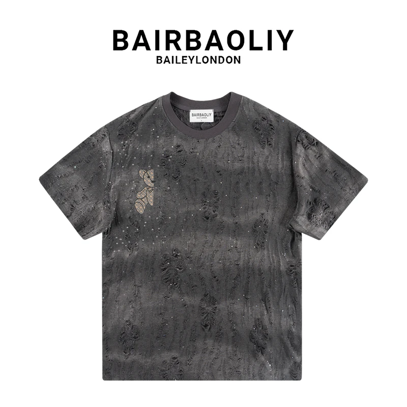 BAIRBAOLIY小熊满天星渐变亮片高街短袖T恤春夏轻奢烫钻破洞上衣
